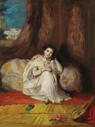 Joven muchacha mora, sentada en un rico interior, Almée, 1853.