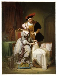 El emperador Carlos y su amante Johanna Van der Gheynst en la cuna de su hija Margarita