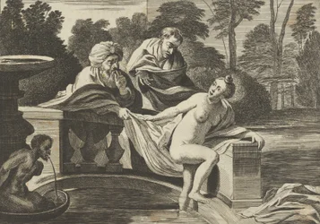 Susana, parcialmente desnuda y saliendo de una fuente, con dos ancianos a la izquierda, uno de ellos..., hacia 1656-60