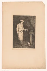 Interior oscuro con un cocinero sosteniendo un trozo de carne para un gato Le déjeuner du chat (título sobre objeto) Eaux-Fortes Modernes: Originales et Inédites (título de la serie)