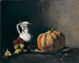 Naturaleza muerta con calabaza, ciruelas, cerezas, higos y jarra, ca 1860