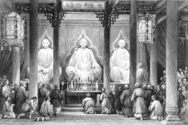 Gran Templo en Hunan, Cantón, grabado por A. Willmore