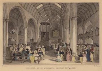 Interior de la Iglesia de San Andrés, Plymouth, Devon (grabado coloreado)