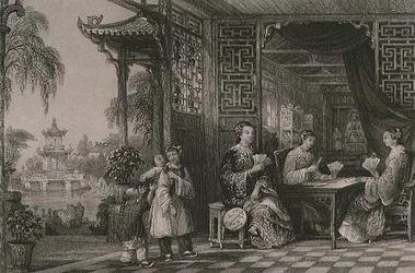 Damas de la familia de un mandarín jugando a las cartas, de 