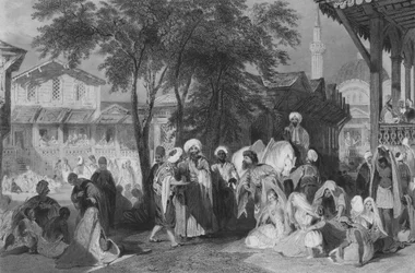 El bazar de Aurut, o mercado de esclavos, Constantinopla (grabado)