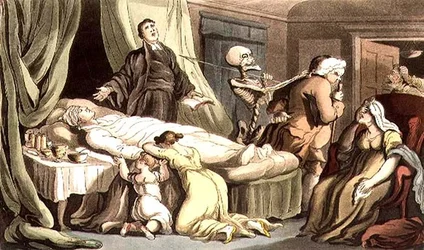 "No hay escena tan feliz a los ojos de la virtud/como cuando el hombre de la virtud muere", de la "Danza inglesa de la muerte" publicada por Rudolph Ackermann (1764-1834) 1814 (aguatinta)
