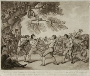 El combate de boxeo entre Daniel Mendoza y Richard Humphreys en Stilton, Huntingdonshire, 6 de mayo de 1789 (grabado por Joseph Grozer)