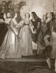 Carlos II recibiendo a la Duquesa de Orleans en Dover, grabado por W. Bromley, ilustración de 