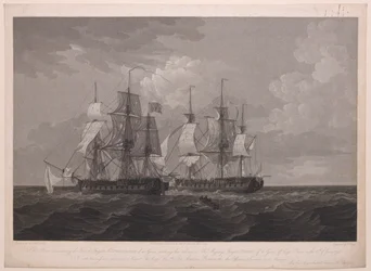 Placa que representa a la Fragata Francesa La Proserpine de 40 Cañones batiendo sus colores a la Fragata de Su Majestad Dryad de 36 Cañones frente al Cabo Clear, el 13 de Junio de 1796... dedicada al Captn... Lord Amelius Beauclerk...