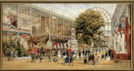 La reina Victoria (1819-1901) visita la exposición de 1851 en el Palacio de Cristal de Londres. Exposición Universal de 1851. Pintura de Thomas Abiel Prior (1809-1886) Ec. Ang.