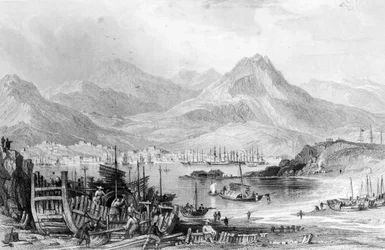 Hong-Kong desde Kow-loon, grabado por Samuel Fisher