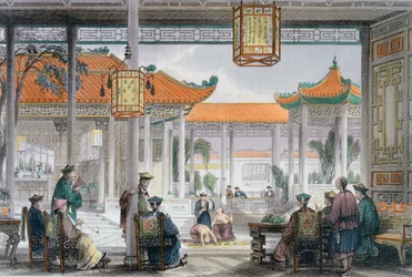 Malabaristas exhibiéndose en el patio del palacio de un mandarín, China, 1843
