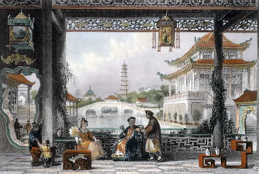 Pabellón y jardines de un mandarín cerca de Pekín, China, 1843