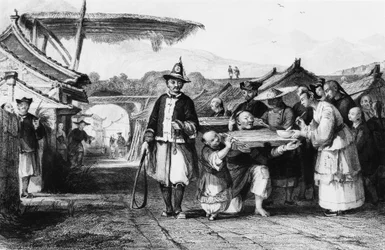 Castigo con tcha o cangue (yugo de madera o picota), grabado de Thomas Allom (1804-1872) del Imperio Chino.