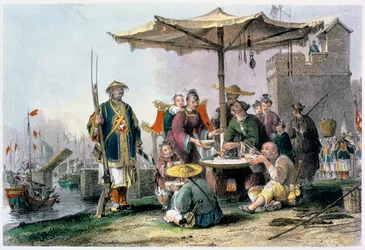 Vendedores de arroz en la estación militar de Tong-Chang-Too, China, 1843