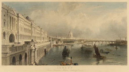 Vista de Londres, Inglaterra, desde el edificio Somerset House Marine, con la catedral de San Pablo y el puente de Londres. Litografía