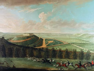 Vista del castillo de Belvoir desde el suroeste, con la cacería de Belvoir en plena persecución, 1730
