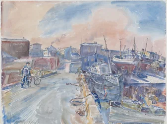 Reykjavik From Main Quay, Frosty Morning, Iceland, c.1930 (acuarela y lápiz sobre papel)