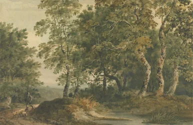 Paisaje con un hombre conduciendo ovejas