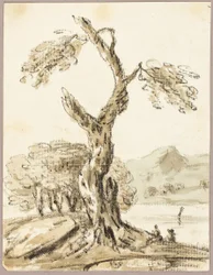 Árbol grande con lago y montañas de fondo