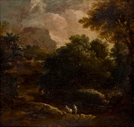 Paisaje arbolado con figuras, c.1789-1847 (óleo sobre tabla)