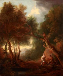 Paisaje boscoso, atardecer de otoño (óleo sobre lienzo)