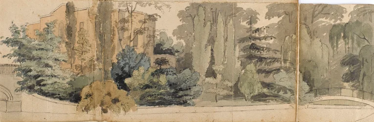 Vista de la fachada de Merton Place, vista desde el otro lado del río, con dos puentes