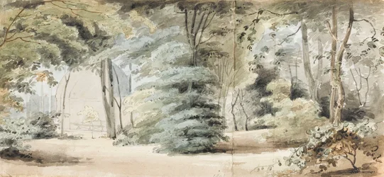 Parte de los terrenos de Merton con un cenador y árboles (anverso)