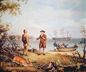 William Penn llega a América por primera vez y se encuentra con un nativo americano en 1682