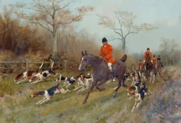 Cazadores y perros en un paisaje boscoso