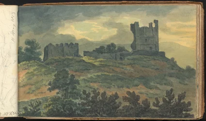Álbum de estudios de paisajes y figuras: Ruinas de un castillo en lo alto de una colina