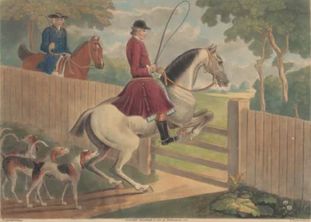 Caza [dos de un conjunto de doce]: 7. [Un jinete poniendo el caballo a una puerta].