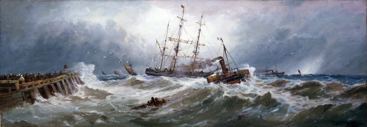 Un remolcador francés tira de un barco en el puerto de Boulogne (Francia), en mares difíciles. Óleo sobre lienzo