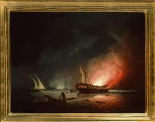 Fragata en llamas después de una batalla naval