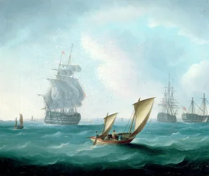 Buques de guerra británicos y un casco en el oleaje, un velero en primer plano