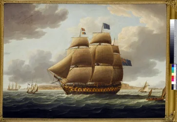 El "Ville de Paris", a toda vela, buque de primera clase de 110 cañones de la Armada británica, construido en 1795, en los astilleros de Chatham (Inglaterra).