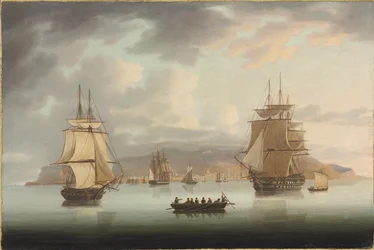 Funchal Roadstead, H.M.S. Blenheim con Greyhound y Harrier en salida, 1805