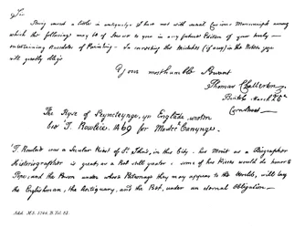 Parte de una carta de Thomas Chatterton a Horace Walpole, finales del siglo XVIII, 1840