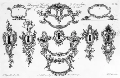 Diseños de manijas y escudos para trabajos en latón, grabado por W. Foster, 1761