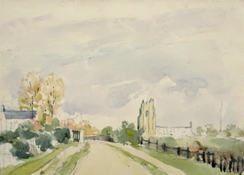 Paisaje de Suffolk, un Camino Ancho con una Pequeña Casa, una Iglesia y Árboles