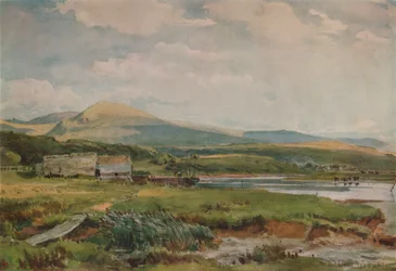 Escena de río con cabañas, c1887