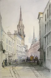 Vista a lo largo de Lombard Street, mirando al este, con figuras y carruajes, Ciudad de Londres, 1851