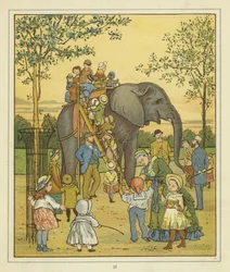 Un grupo de personas en el Zoológico de Londres junto a un elefante dando paseos