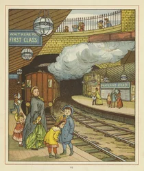 Una mujer de pie con un grupo de niños en una plataforma en la estación de tren de Portland Road