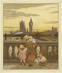 Una mujer sostiene a un bebé con dos niños y un perro