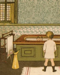 Vida hogareña: niño tomando un baño en el baño