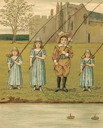Vida hogareña: Niños pescando en el río