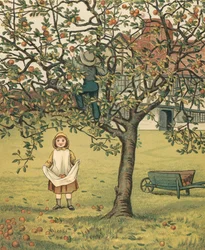 Vida hogareña: niños recogiendo manzanas en el huerto