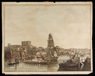 Calcuta desde el río Hoogly: Edificios Gentoo de las Vistas de Calcuta, 1788