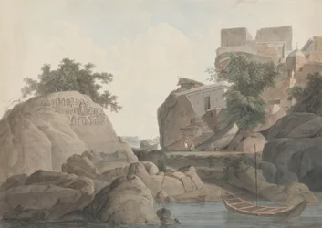 Roca del faquir en Sultanganj, en el río Ganges